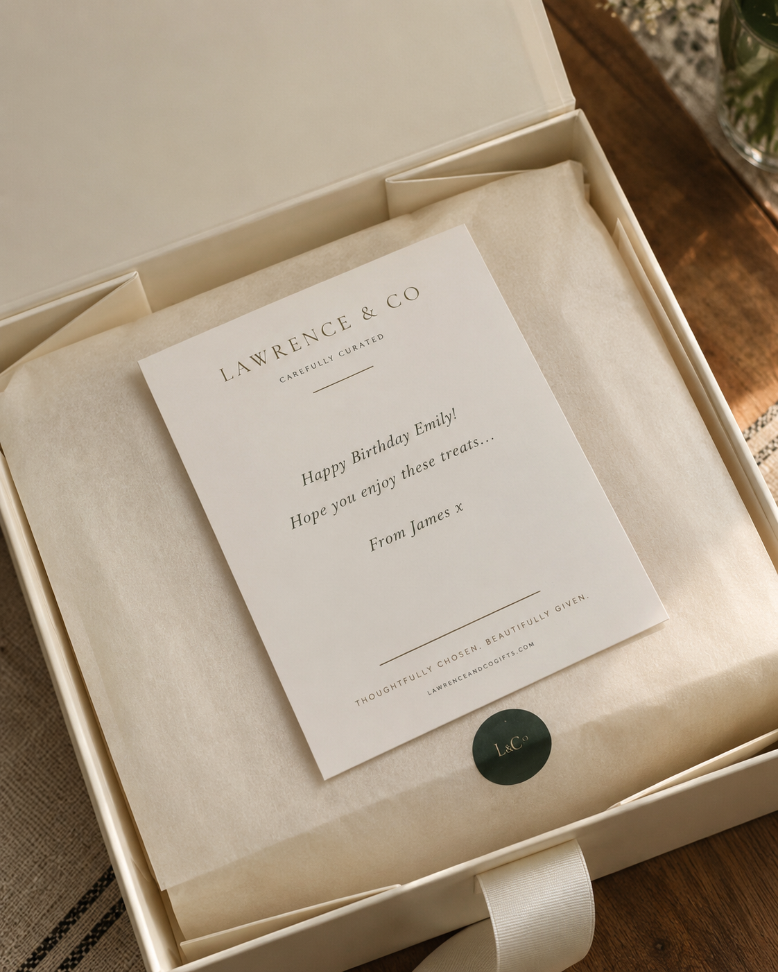 A personalised message card enclosed in The Signature hamper
