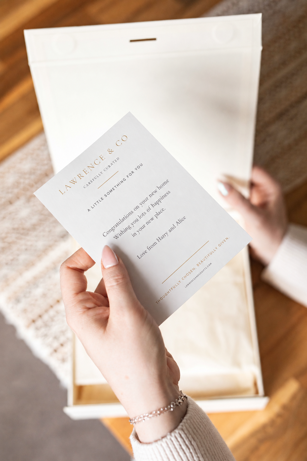 A personalised Lawrence & Co. gift card enclosed with your hamper