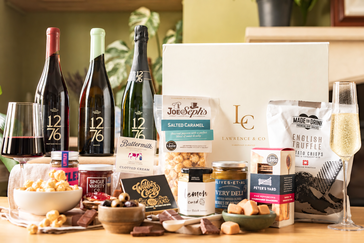 The Grand hamper by Lawrence & Co. — two bottles and eleven British food and drink products
